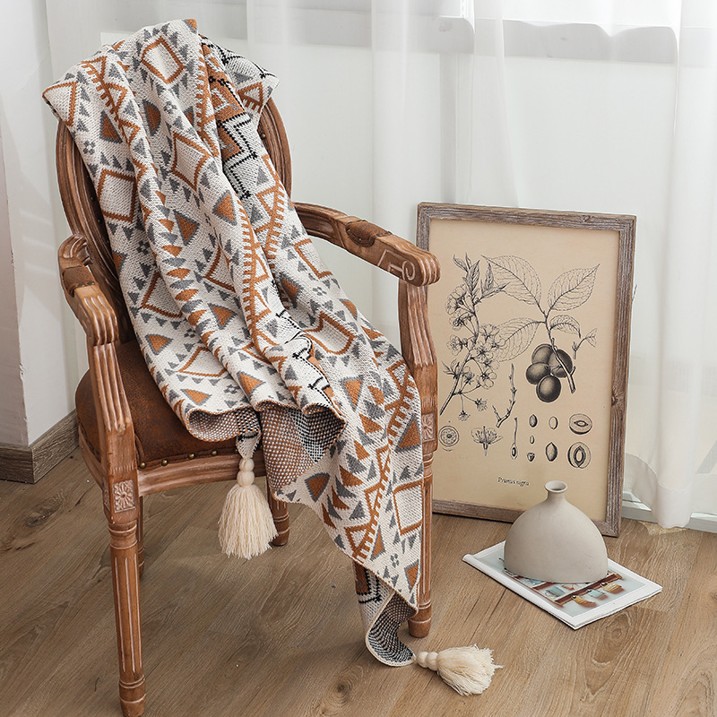 Boho вязать бросить одеяло с геометрическим ромбовидным узором и кисточками